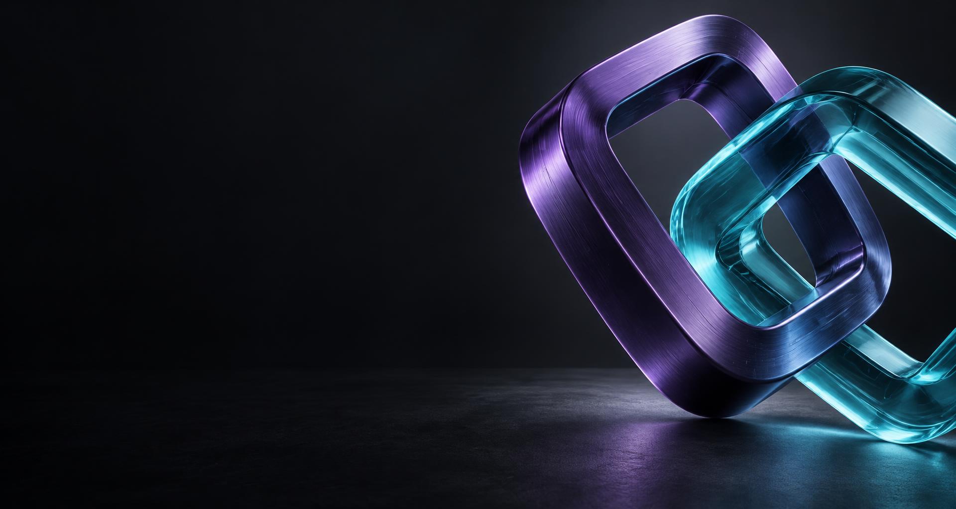 Dos formas entrelazadas en violeta y cian, símbolo de conexión de Sync Up